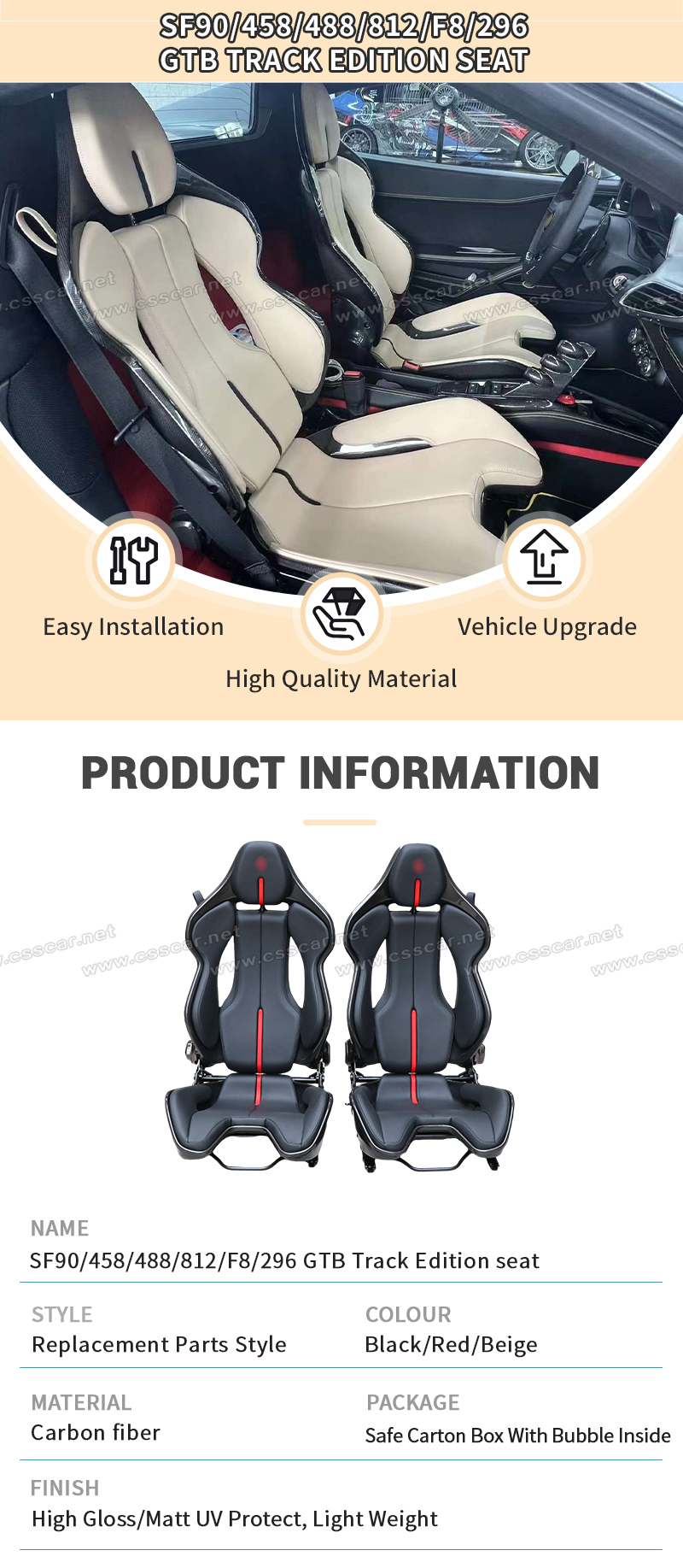 For Ferrari SF90-458-488-812-F8-296 GTB Track Edition seat